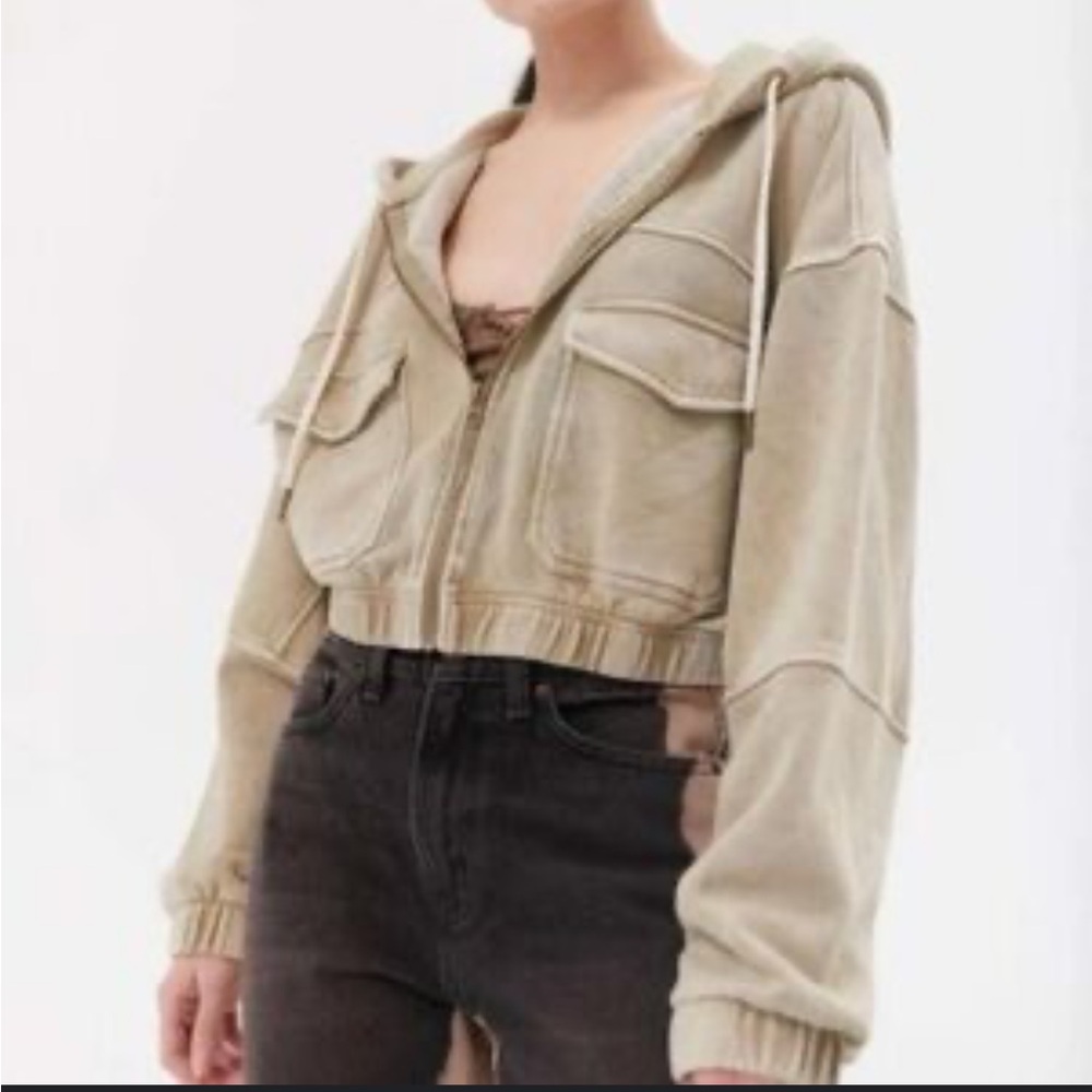 UO Urban Outfitters Yogi Fleece Olive Cropped Zip Hoodie Size L